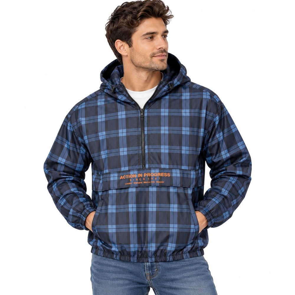 Pull&Bear Mens Blue Plaid Action In Progress Half Zip Windbreaker Jacket Large
